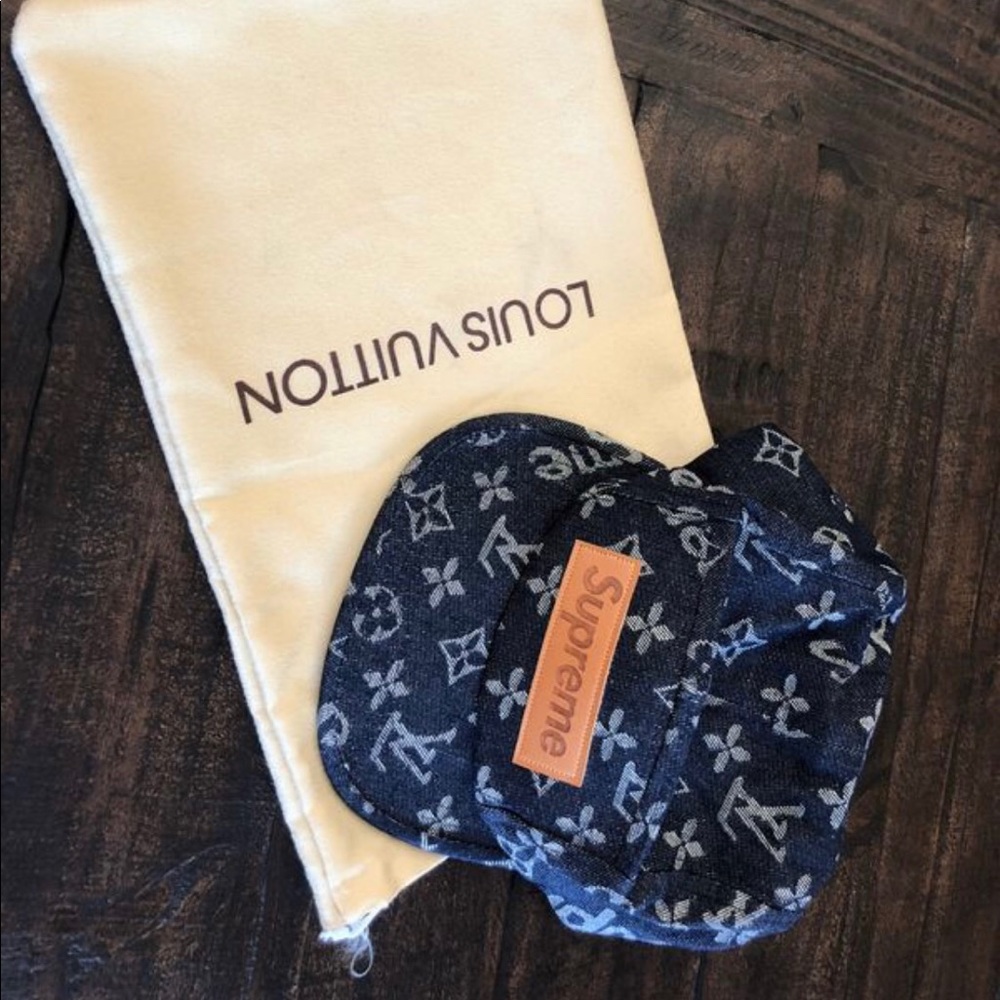 Louis Vuitton + SUPREME 5 panel denim hat.